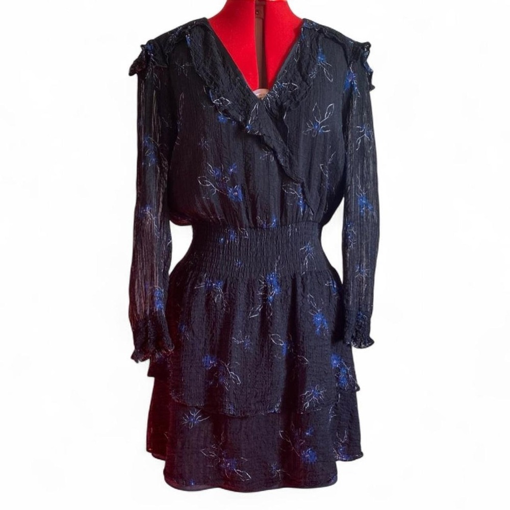 Parker Silk Blend Black Dress with Blue Floral Accents
